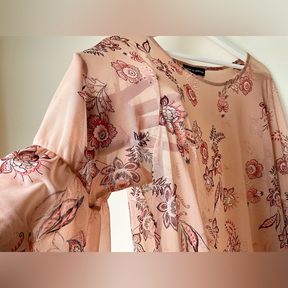 NWT Love and Legend nude mesh top with floral print and bell sleeves. - Picture 8 of 14